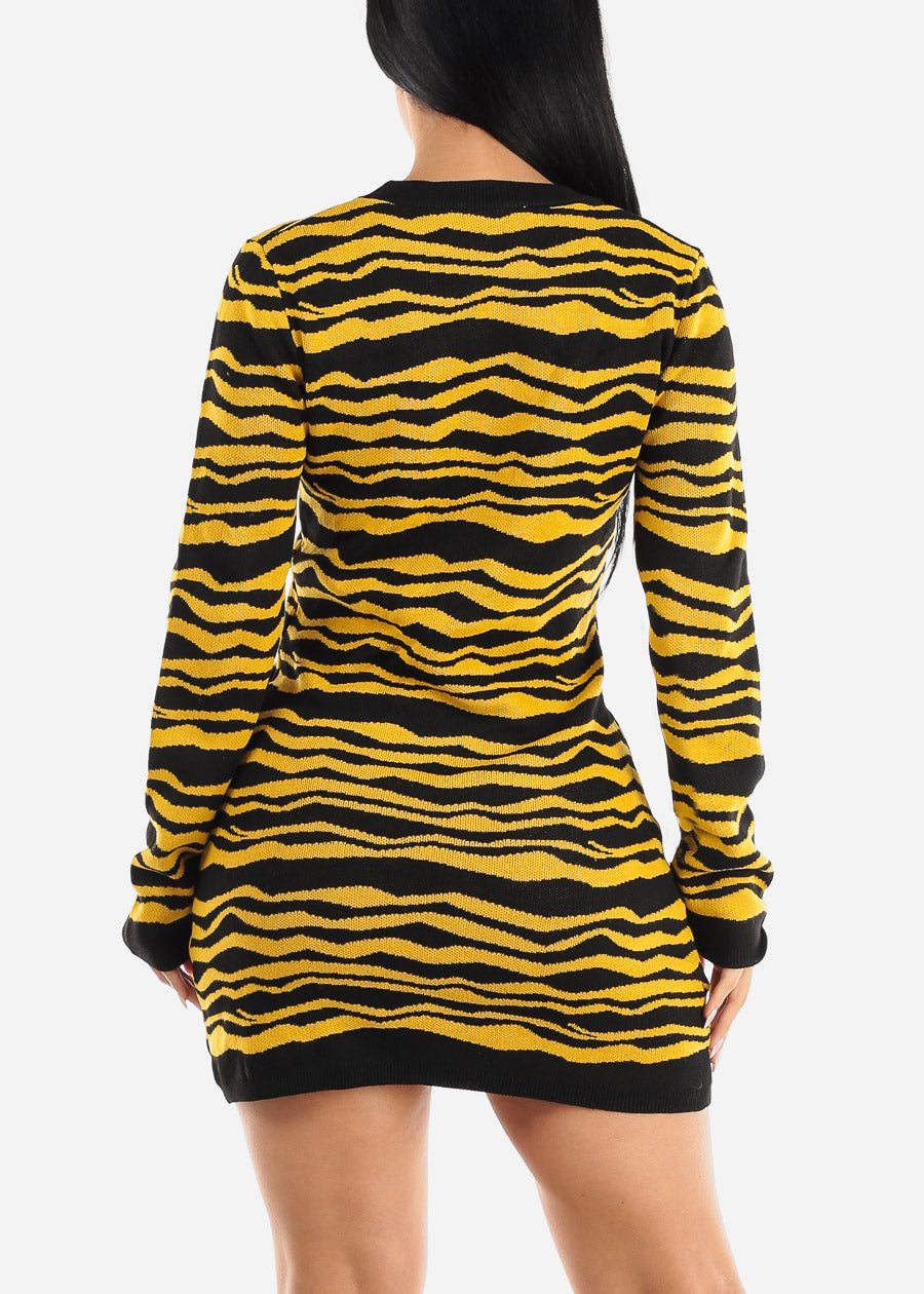 Zebra Print Sweater Mini Dress Black & Yellow