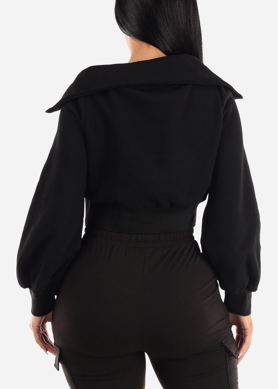 Fleece Half Zip Up Black Cropped Pullover