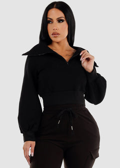 Fleece Half Zip Up Black Cropped Pullover