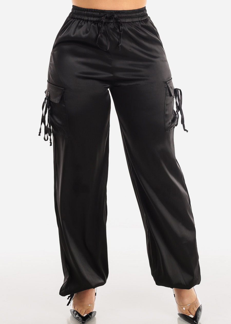 Women's Black Satin Cargo Pants - Satin Cargo Pants w Adjustable Hem – Moda  Xpress