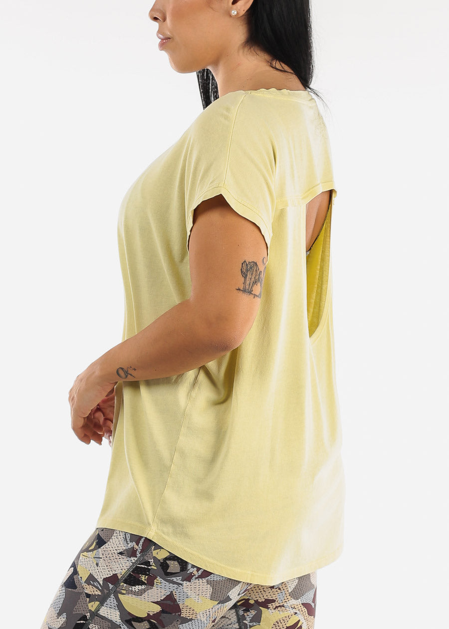 MONO B Cap Sleeve Cut Out Back Light Green Athleisure Top