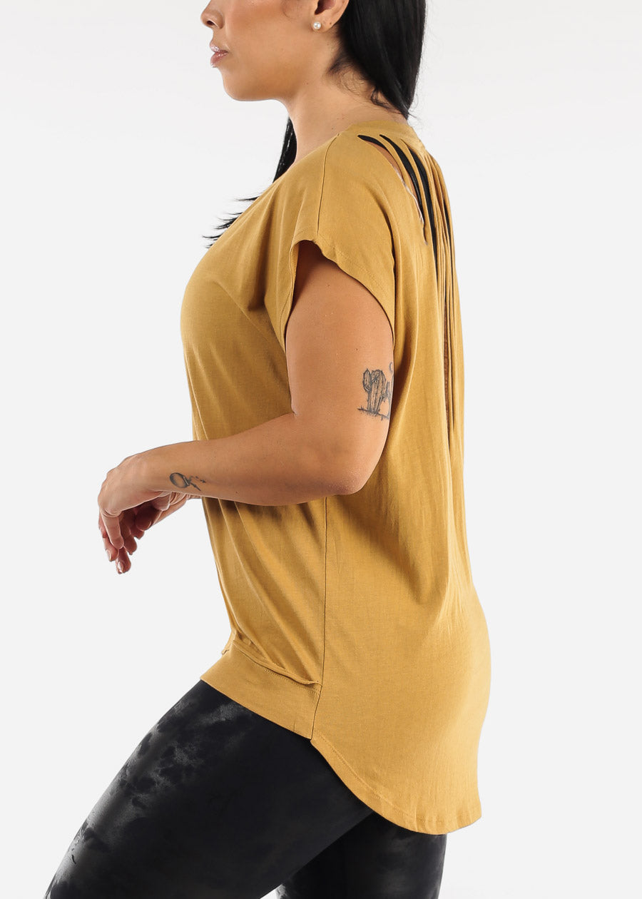 MONO B Cut Out Back Athleisure Cap Sleeve Mustard Top