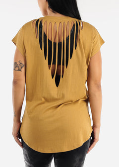 MONO B Cut Out Back Athleisure Cap Sleeve Mustard Top