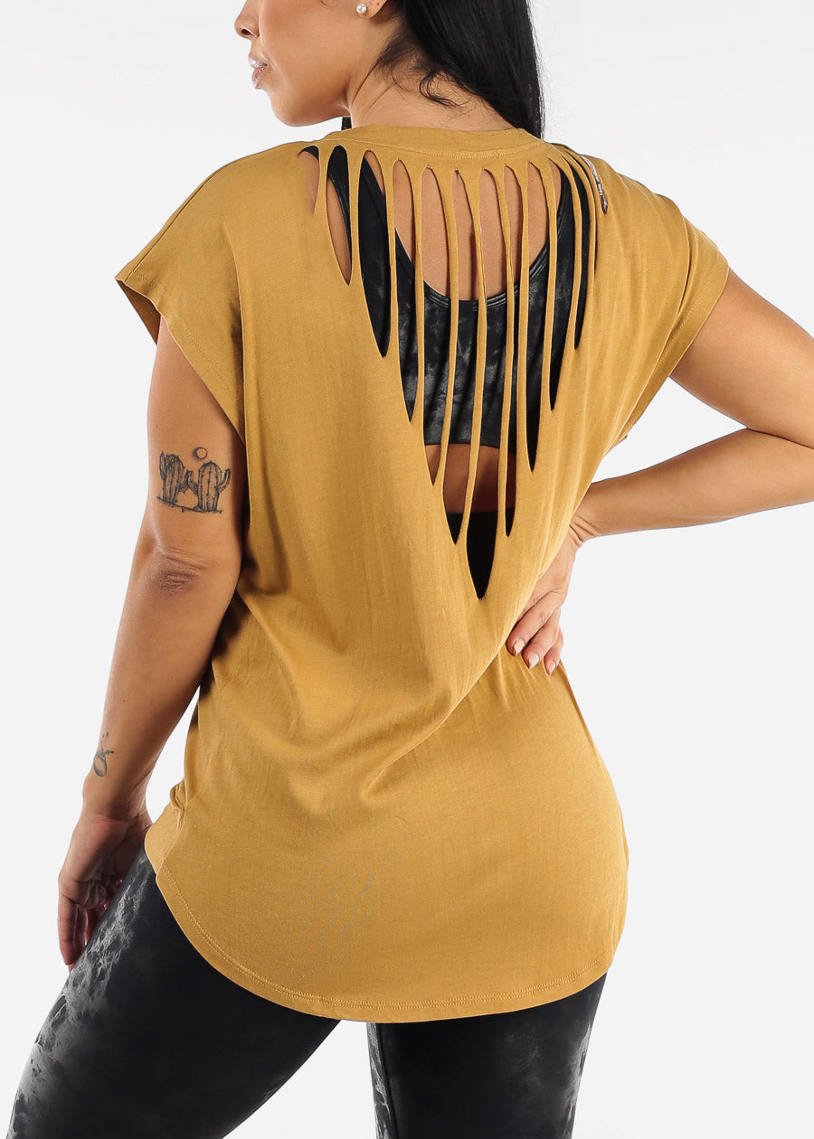Cut Out Back Athleisure Cap Sleeve Mustard Top