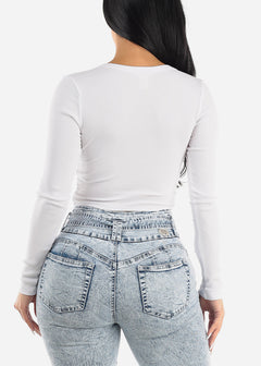 White Long Sleeve Ribbed Crop Top w Snap Button Neckline