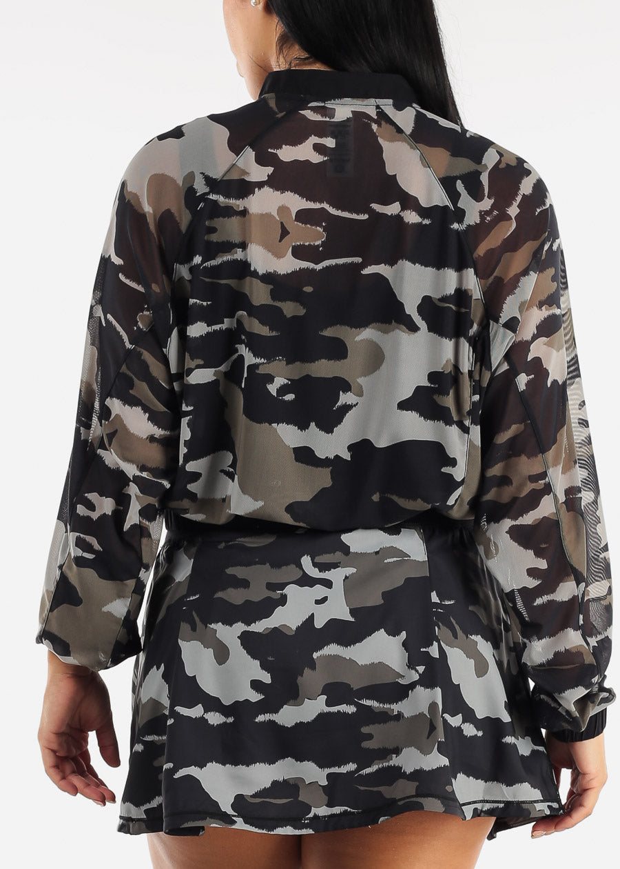 MONO B Activewear Long Sleeve Mesh Cropped Jacket Camouflage
