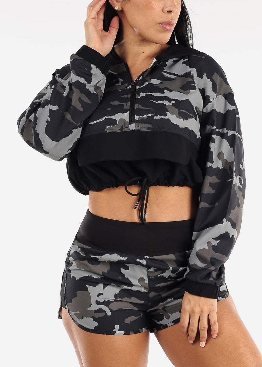 Activewear Long Sleeve Half Zip Up Cropped Pullover Camo