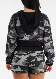 MONO B Activewear Long Sleeve Half Zip Up Cropped Pullover Camo