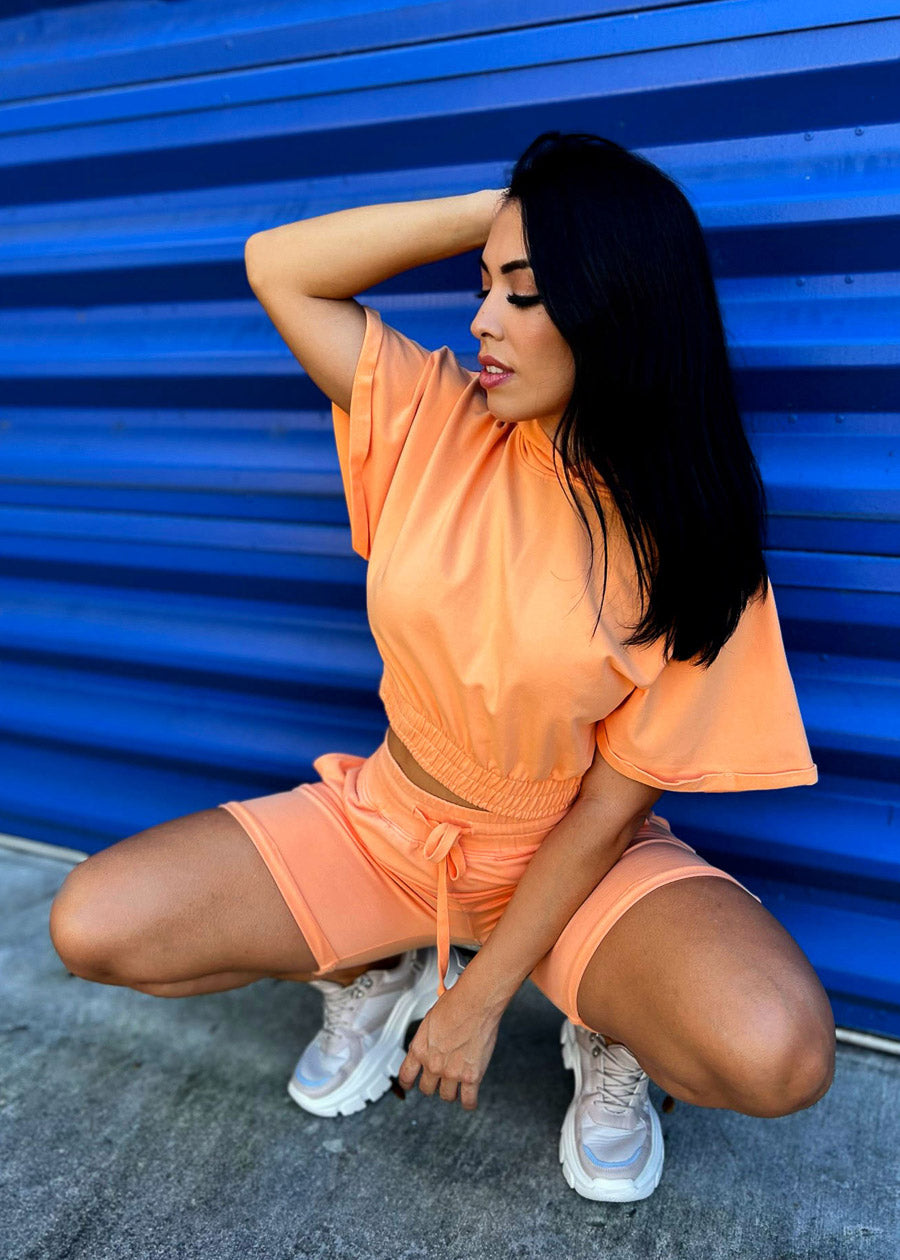 Cotton Short Sleeve Relaxed Cropped Hoodie Coral