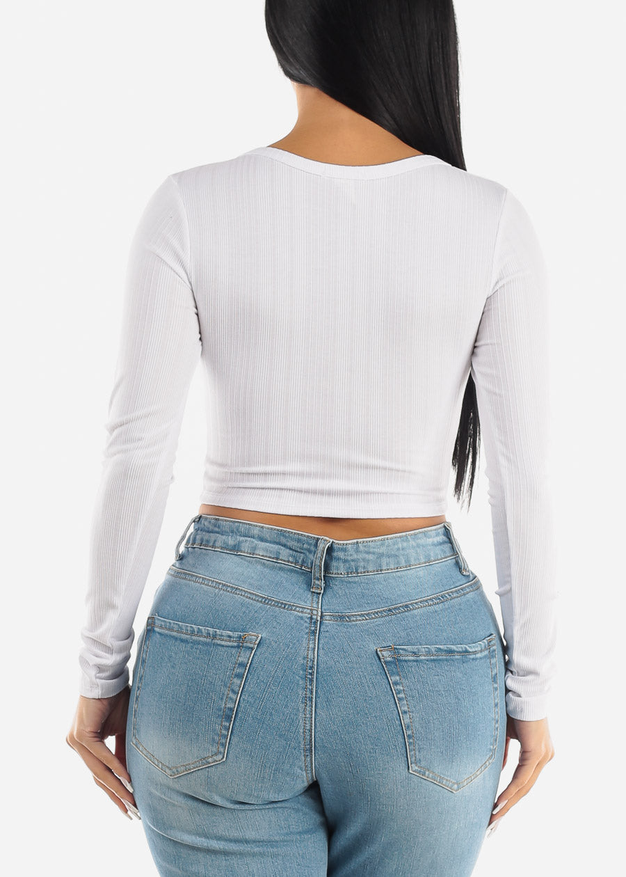 White Long Sleeve Notched Neckline Crop Top