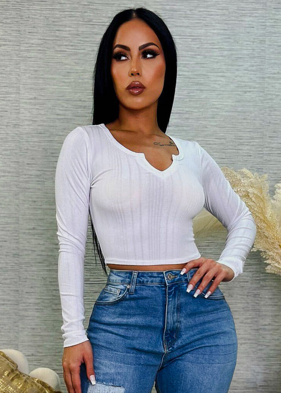 White Long Sleeve Notched Neckline Crop Top