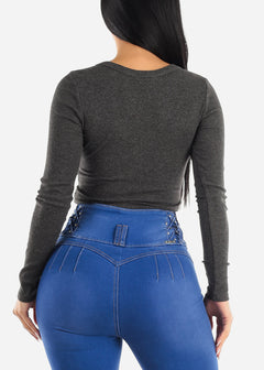 Long Sleeve Ribbed Crop Top Charcoal w Snap Button Neckline