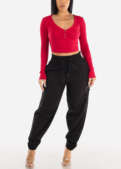 Long Sleeve Ribbed Crop Top Red w Snap Button Neckline