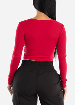 Long Sleeve Ribbed Crop Top Red w Snap Button Neckline
