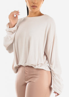 Long Pleated Sleeves French Terry Top Light Beige