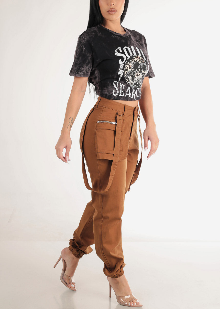 High Waisted Cargo Jogger Pants Timber w Straps