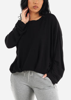 Long Pleated Sleeves Black French Terry Top