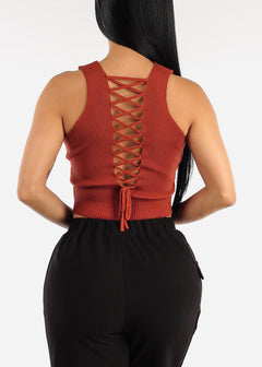 Open Lace Up Back Ribbed Knit Top Rust