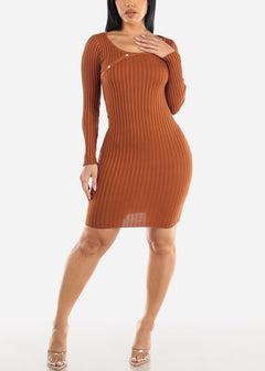 Long Sleeve Rib-Knit Bodycon Sweater Dress Rust