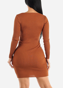 Long Sleeve Rib-Knit Bodycon Sweater Dress Rust
