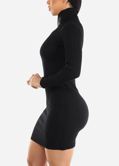 Long Sleeve Black Turtleneck Sweater Dress w Pockets