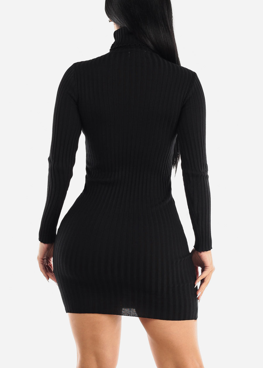 Long Sleeve Black Turtleneck Sweater Dress w Pockets
