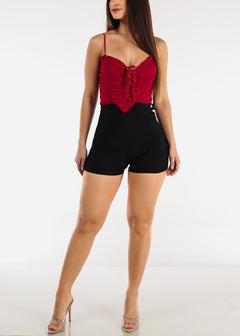 Sleeveless Lace Up Ruched Red Bodysuit