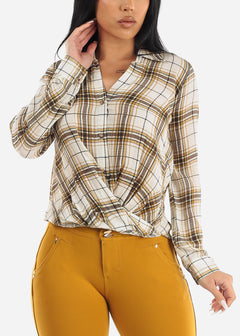 Button Up Twisted Front Roll Up Sleeve Shirt Mustard