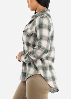 Long Sleeve Button Down Plaid Shacket Green & Ivory