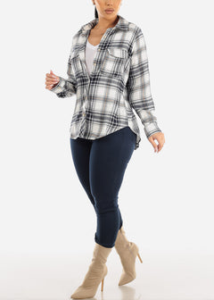 Long Sleeve Button Down Plaid Shacket Navy & White