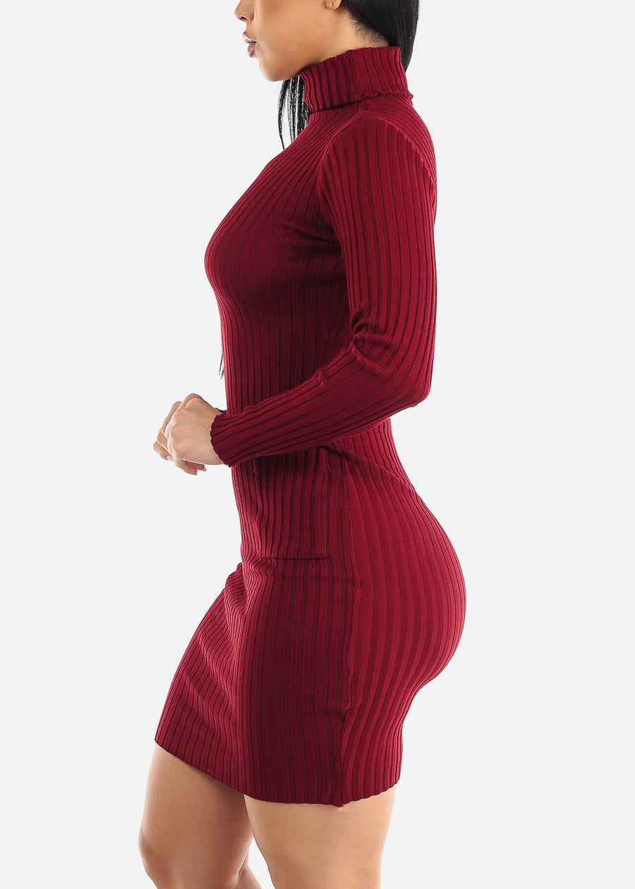 Long Sleeve Turtleneck Sweater Dress Burgundy w Pockets