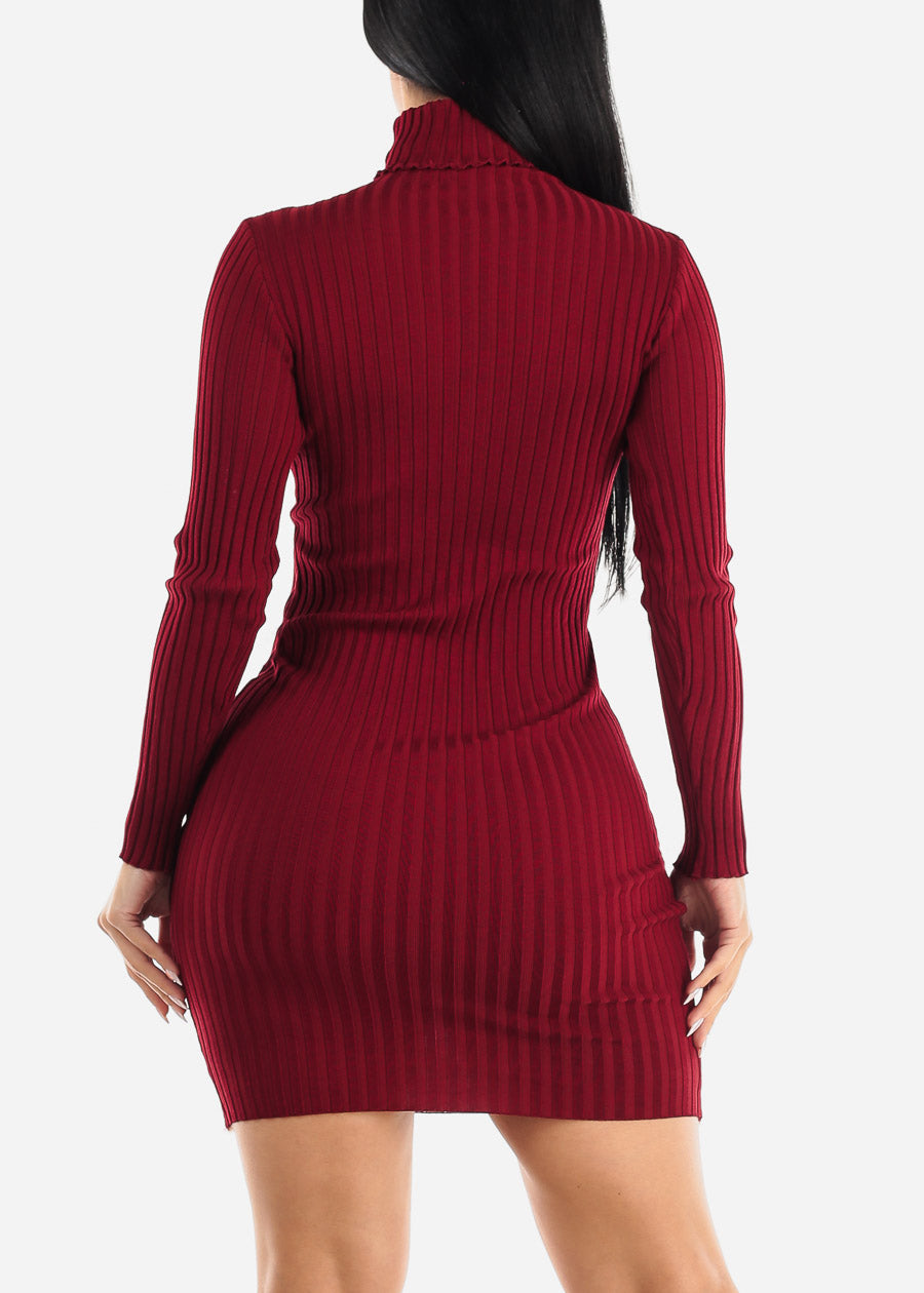Long Sleeve Turtleneck Sweater Dress Burgundy w Pockets