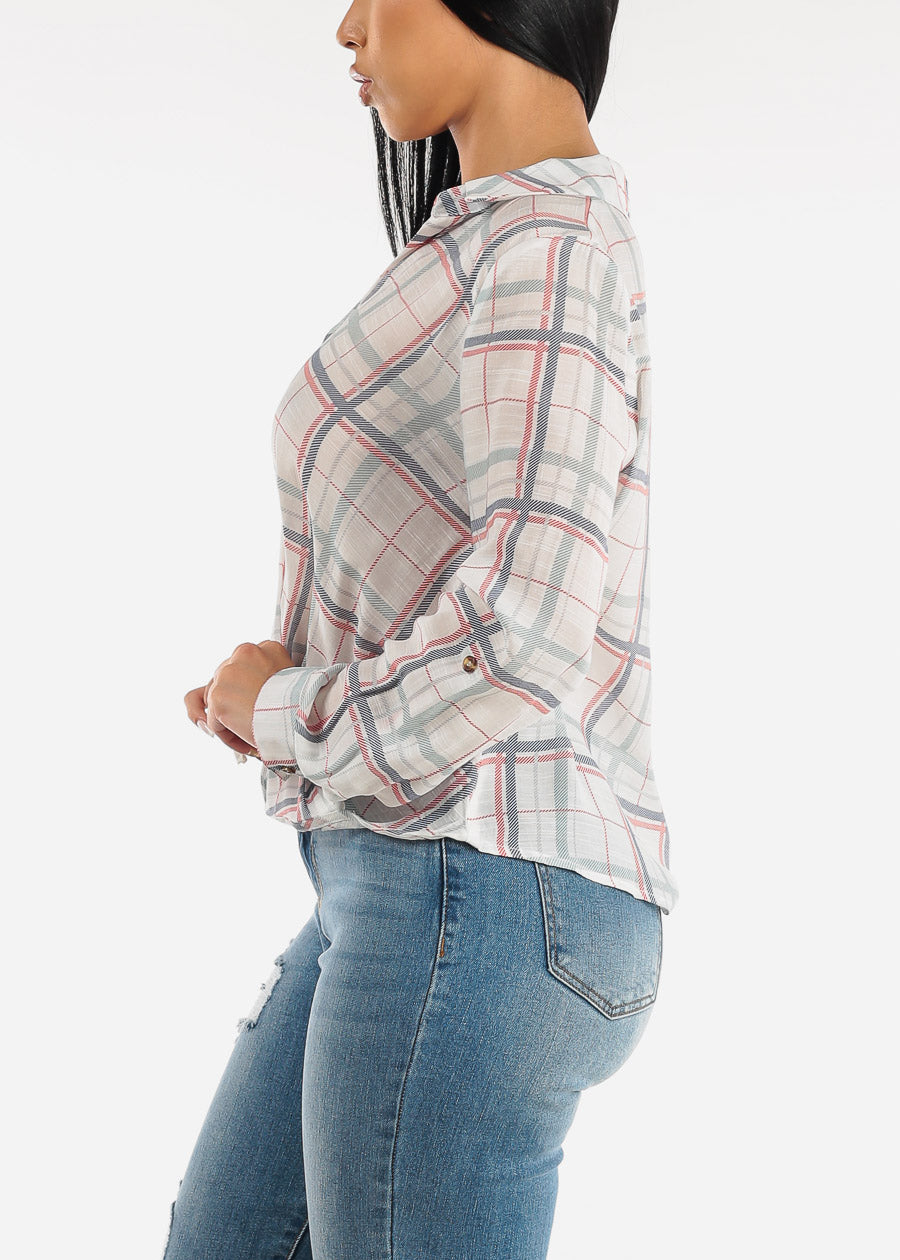 Long Sleeve White Plaid Shirt w Twisted Front