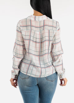 Long Sleeve White Plaid Shirt w Twisted Front