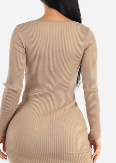 Zip Up Rib-Knit Bodycon Sweater Dress Beige
