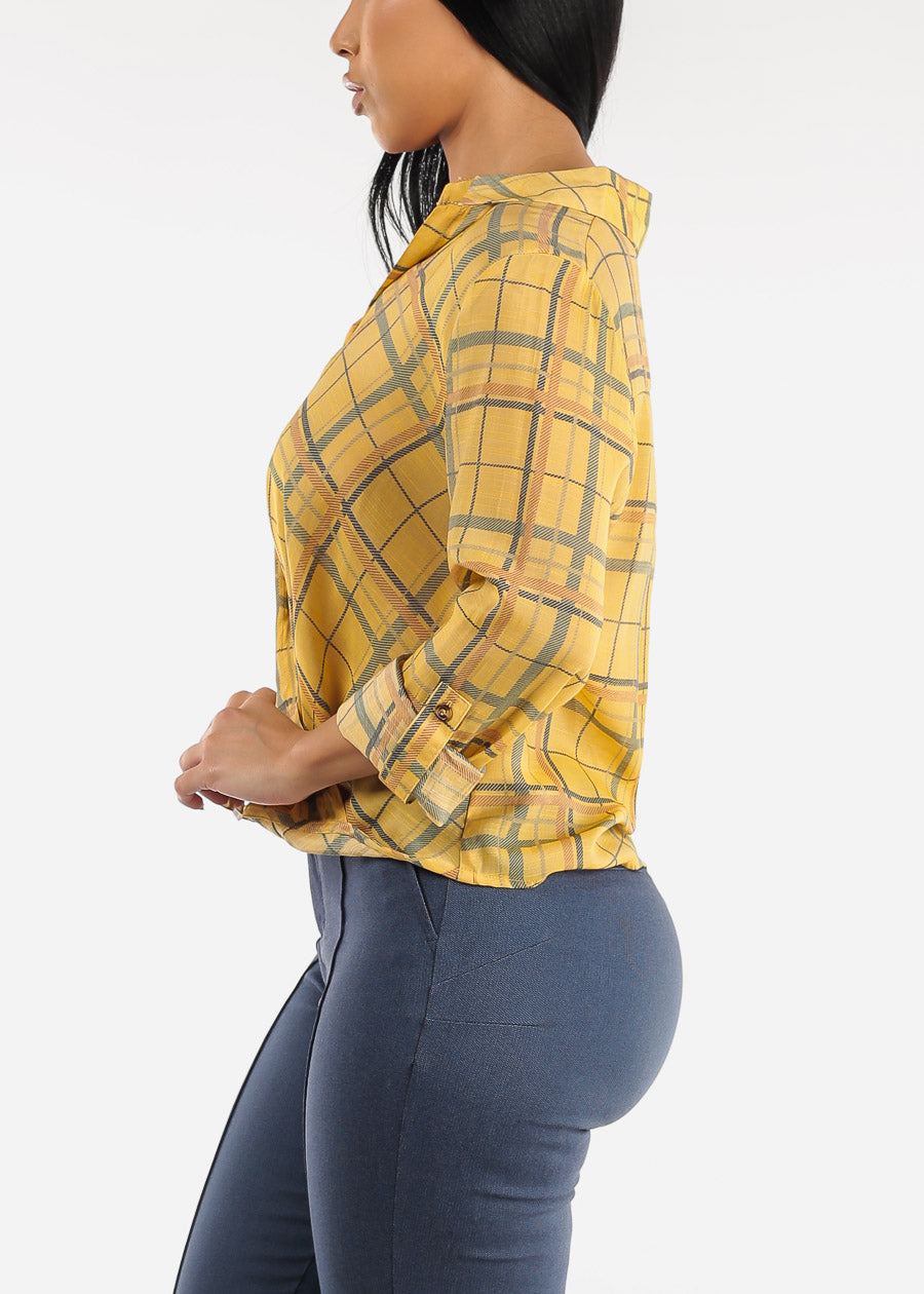 Long Sleeve Yellow Plaid Shirt w Twisted Front