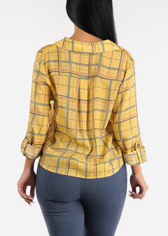 Long Sleeve Yellow Plaid Shirt w Twisted Front