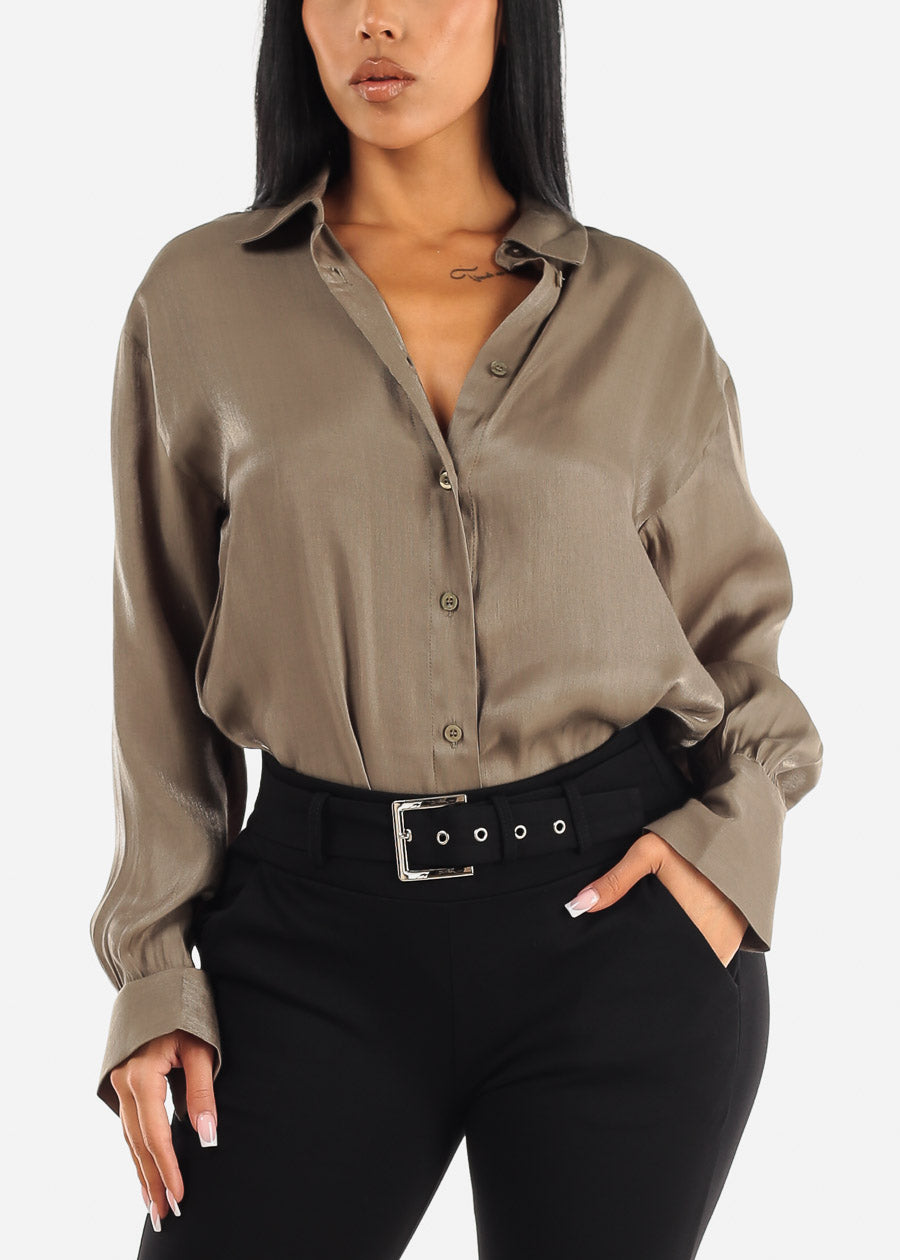 Long Sleeve Button Up Satin Collared Blouse Olive