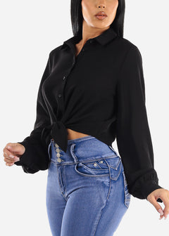 Long Sleeve Tie Front Button Up Black Collared Blouse