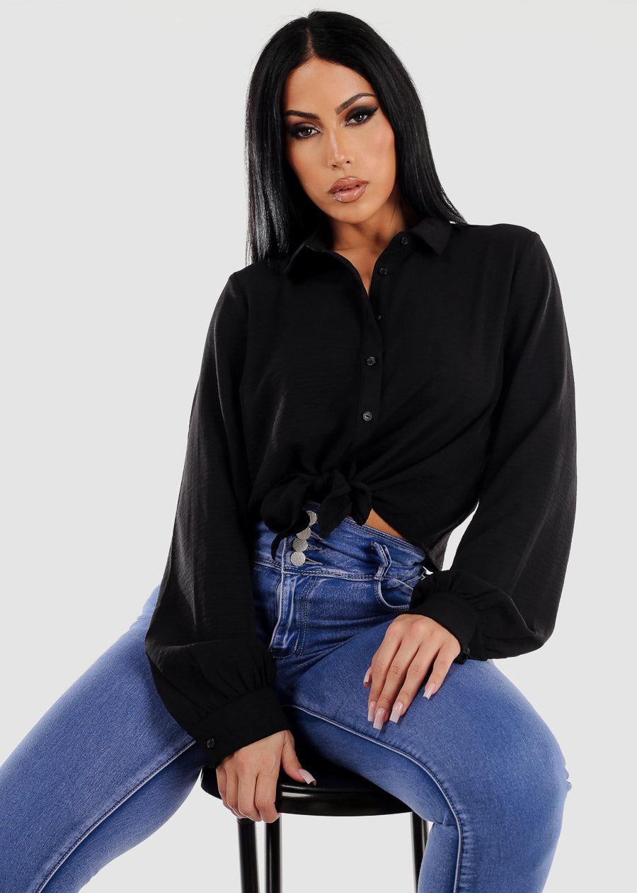 Long Sleeve Tie Front Button Up Black Collared Blouse
