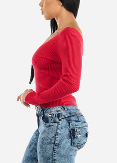 Long Sleeve V-Neck Sweater Top Red