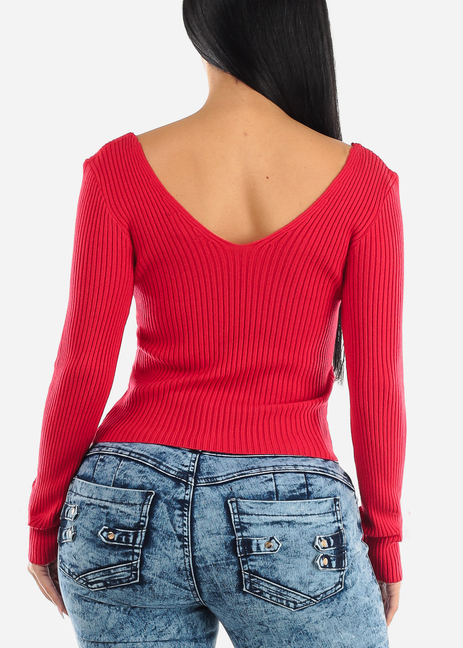 Long Sleeve V-Neck Sweater Top Red
