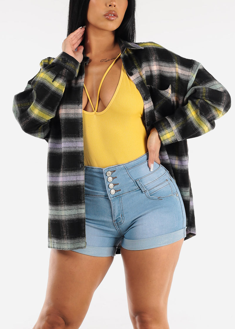 Long Sleeve Black Oversized Plaid Shirt