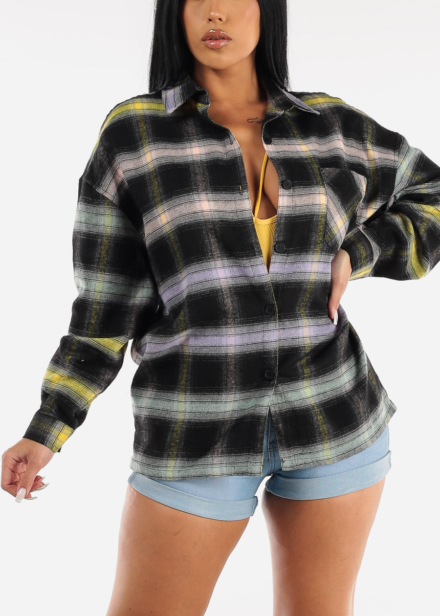 Long Sleeve Black Oversized Plaid Shirt, view 1 of 6