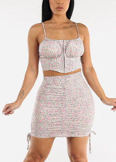 Sleeveless Floral Corset Crop Top & Ruched Mini Skirt Sage (2 PCE SET)