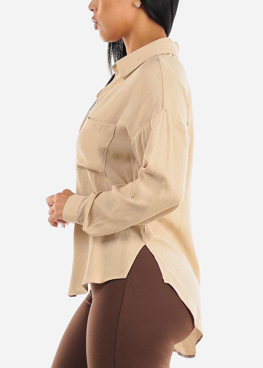 Relaxed Fit Long Sleeve Collared Blouse Beige