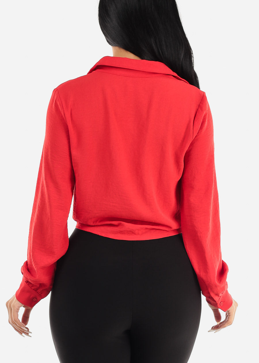 Long Sleeve Tie Front Button Up Collared Blouse Red