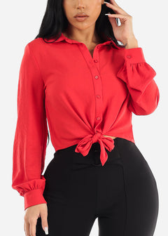 Long Sleeve Tie Front Button Up Collared Blouse Red