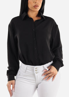 Black Long Sleeve Button Up Linen Collared Blouse