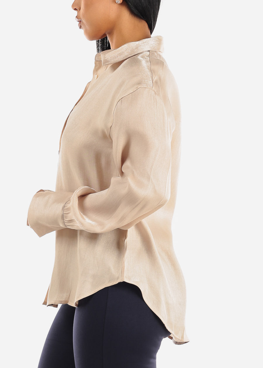 Long Sleeve Button Up Satin Collared Blouse Beige